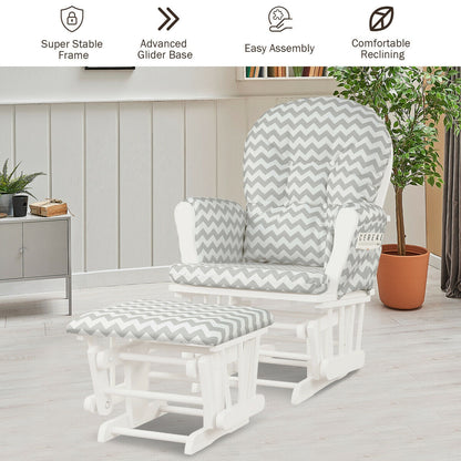Wood Glider and Ottoman Set with Padded Armrests and Detachable Cushion-Gray and White