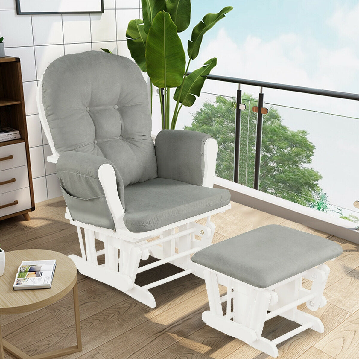 Wood Glider and Ottoman Set with Padded Armrests and Detachable Cushion-Light Gray