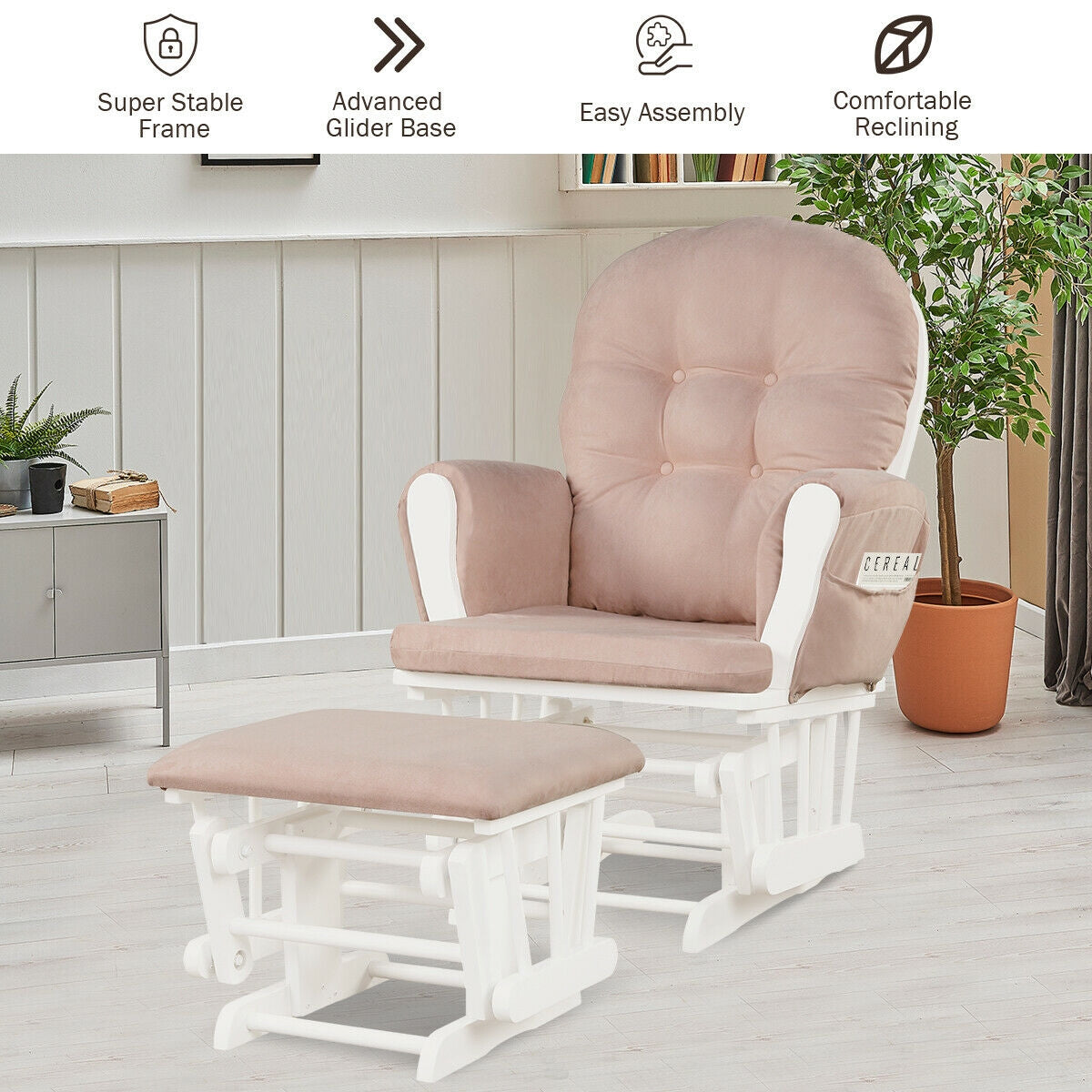 Wood Glider and Ottoman Set with Padded Armrests and Detachable Cushion-Pink