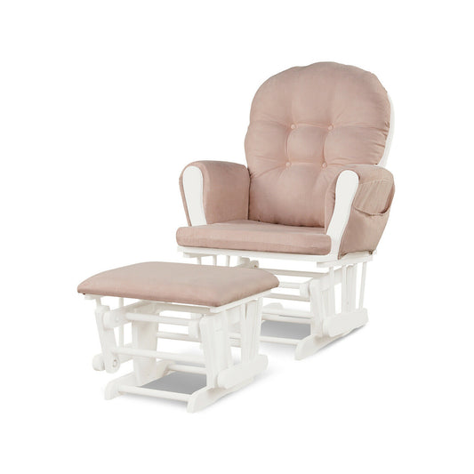 Wood Glider and Ottoman Set with Padded Armrests and Detachable Cushion-Pink