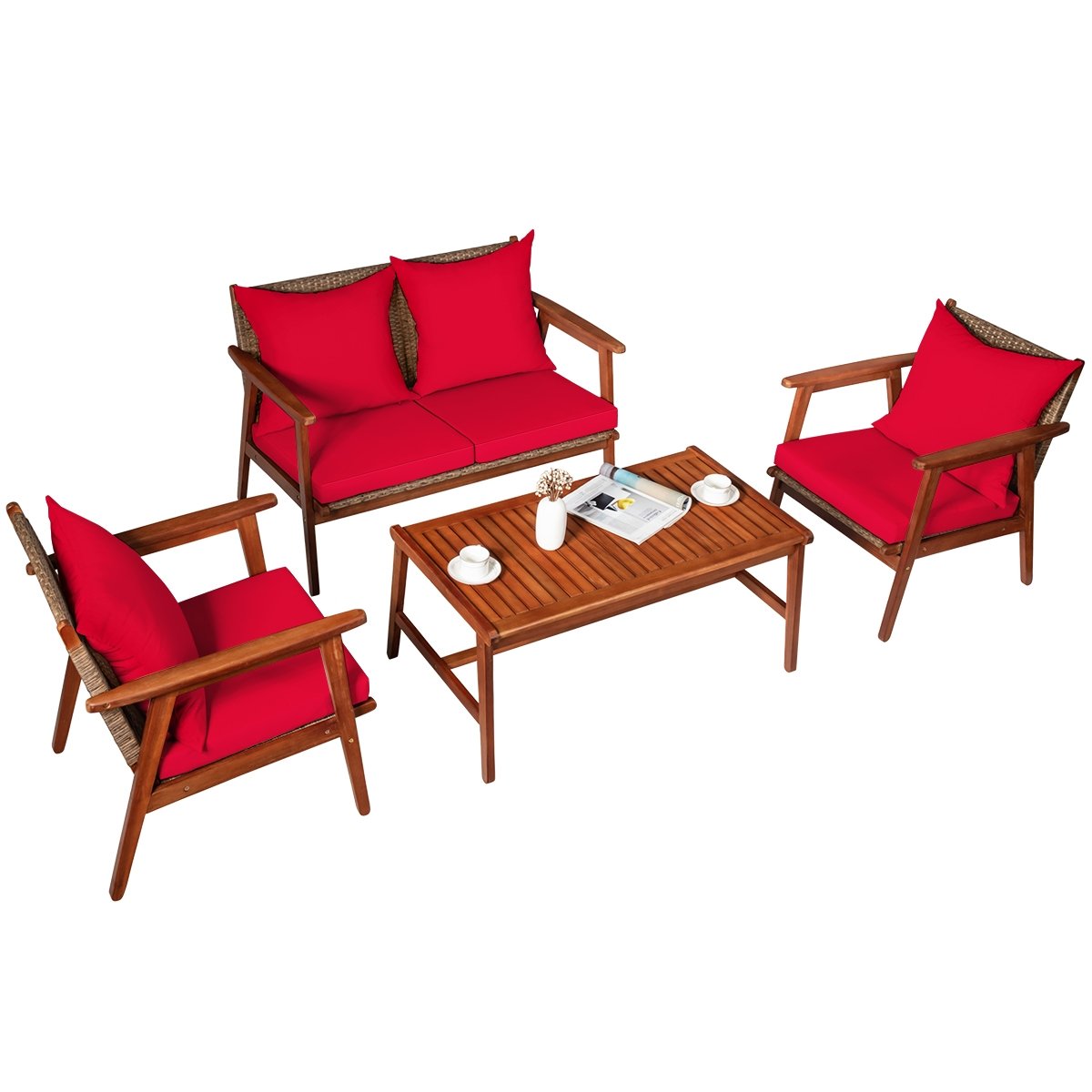 4 Pieces Acacia Wood Patio Rattan Furniture Set-Brown