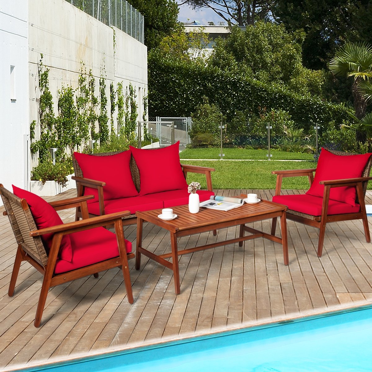 4 Pieces Acacia Wood Patio Rattan Furniture Set-Brown