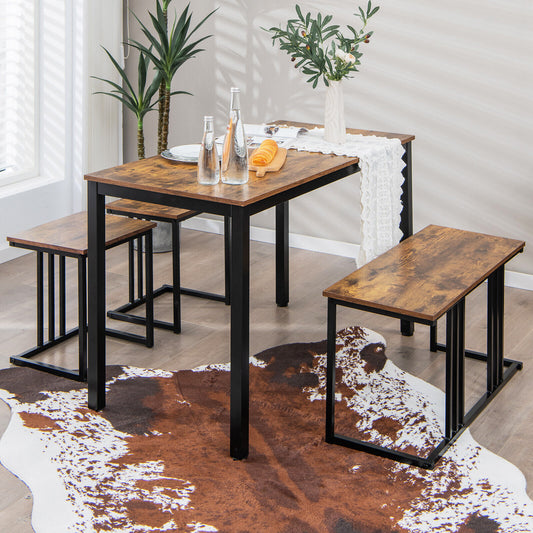 4 Pieces Industrial Dining Table Set with Bench and 2 Stools-Brown