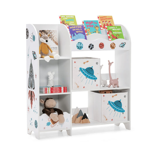 Wooden kids toy and book organizer with storage bins, toddler furniture by Wilsons Home Store, designed for children's bedroom storage.