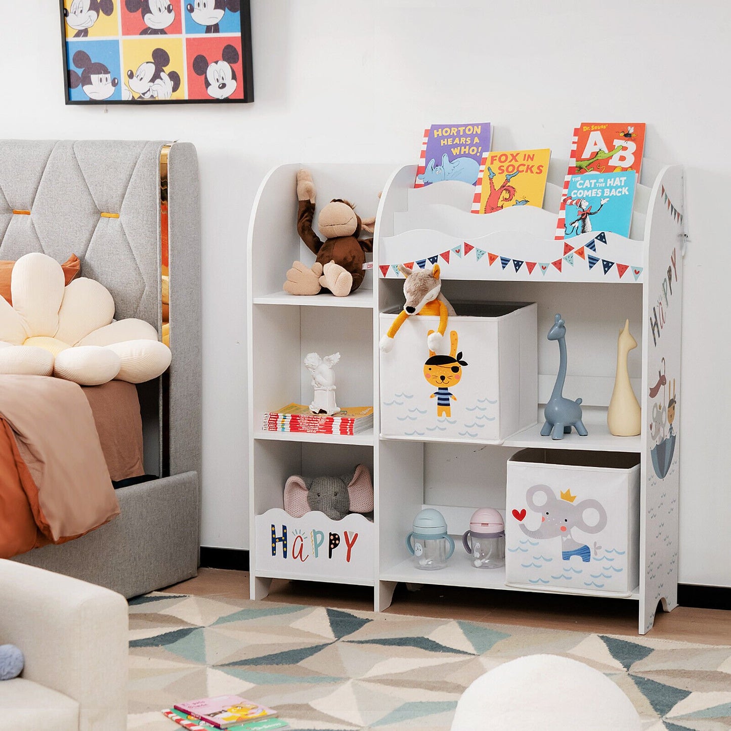 Kids Book Organizer Children Wooden Storage Cabinet with Storage Bins
