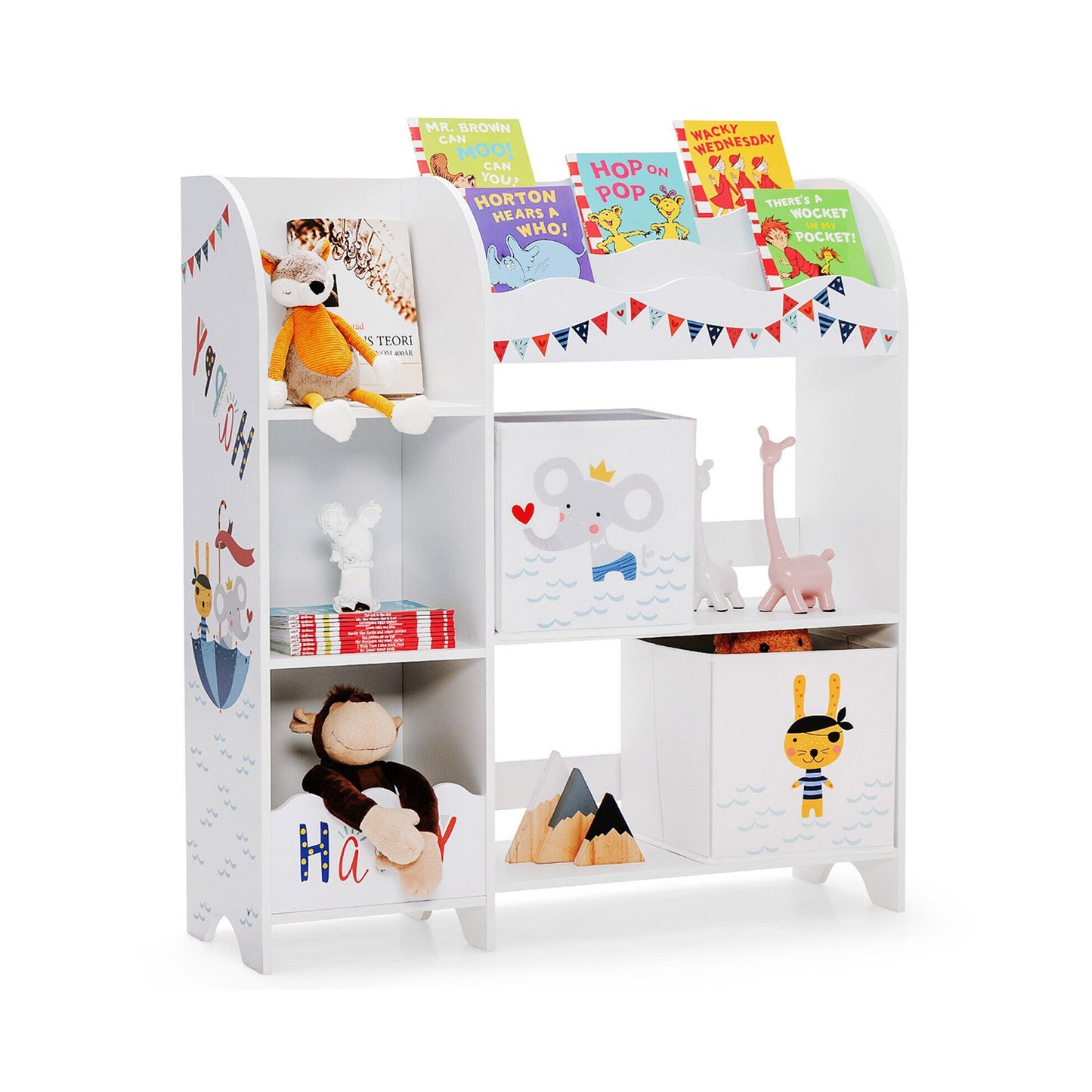 Kids Book Organizer Children Wooden Storage Cabinet with Storage Bins