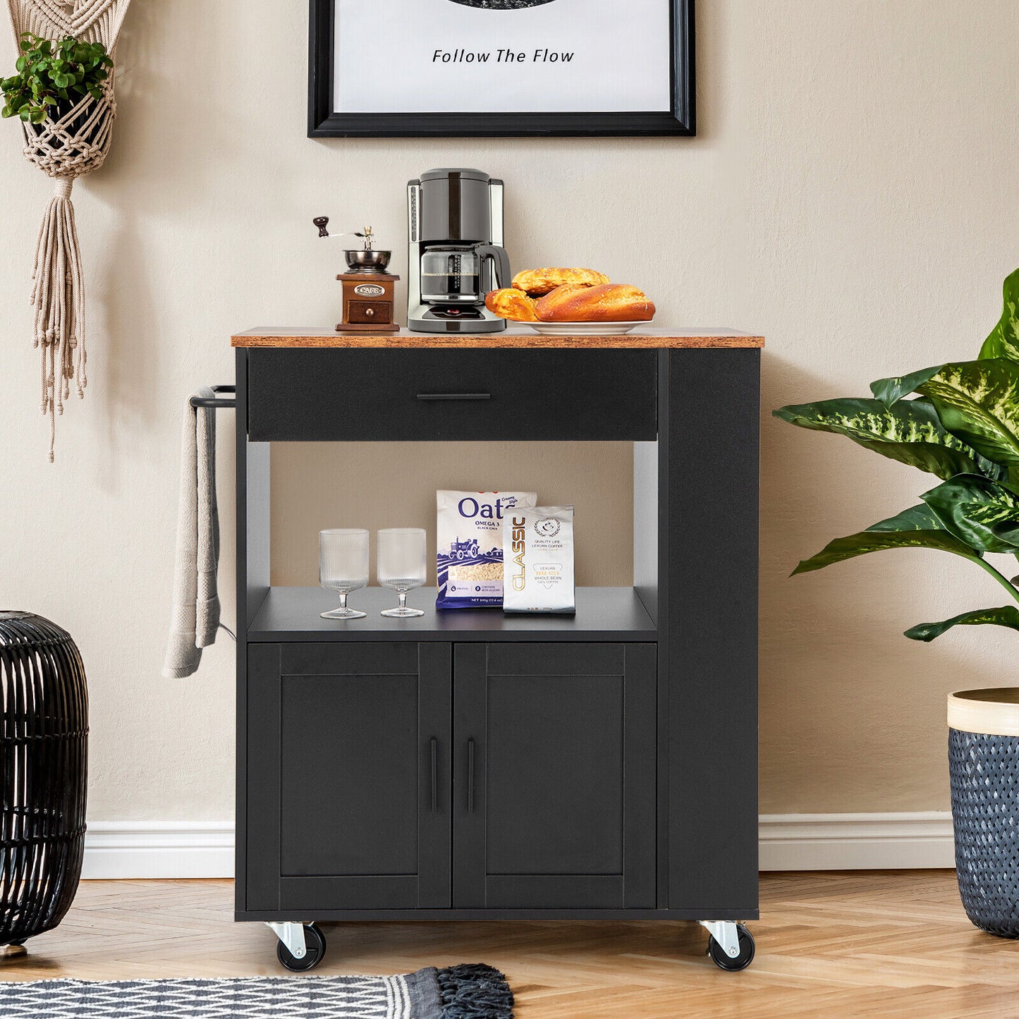 Kitchen Island Cart Rolling Storage Cabinet with Drawer and Spice Rack Shelf-Black