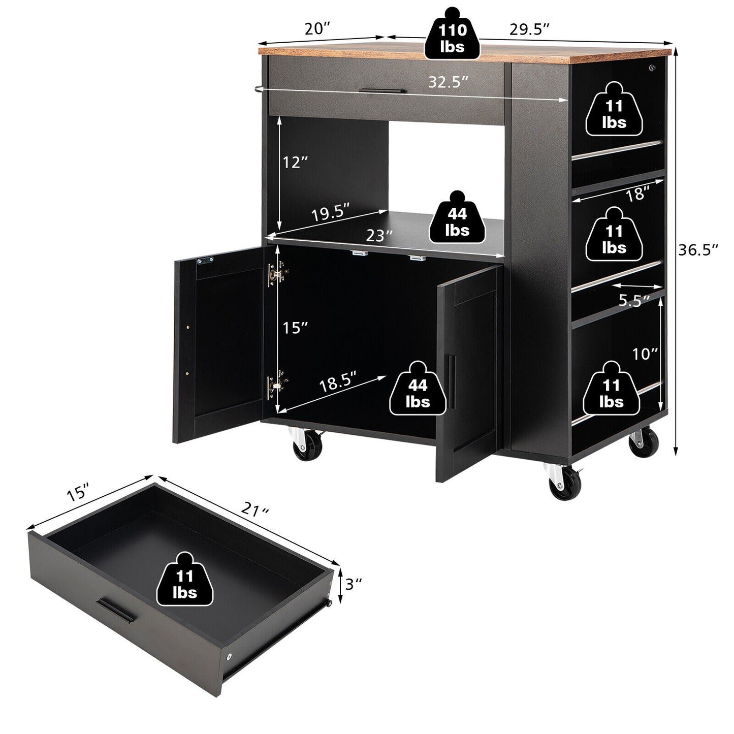 Kitchen Island Cart Rolling Storage Cabinet with Drawer and Spice Rack Shelf-Black