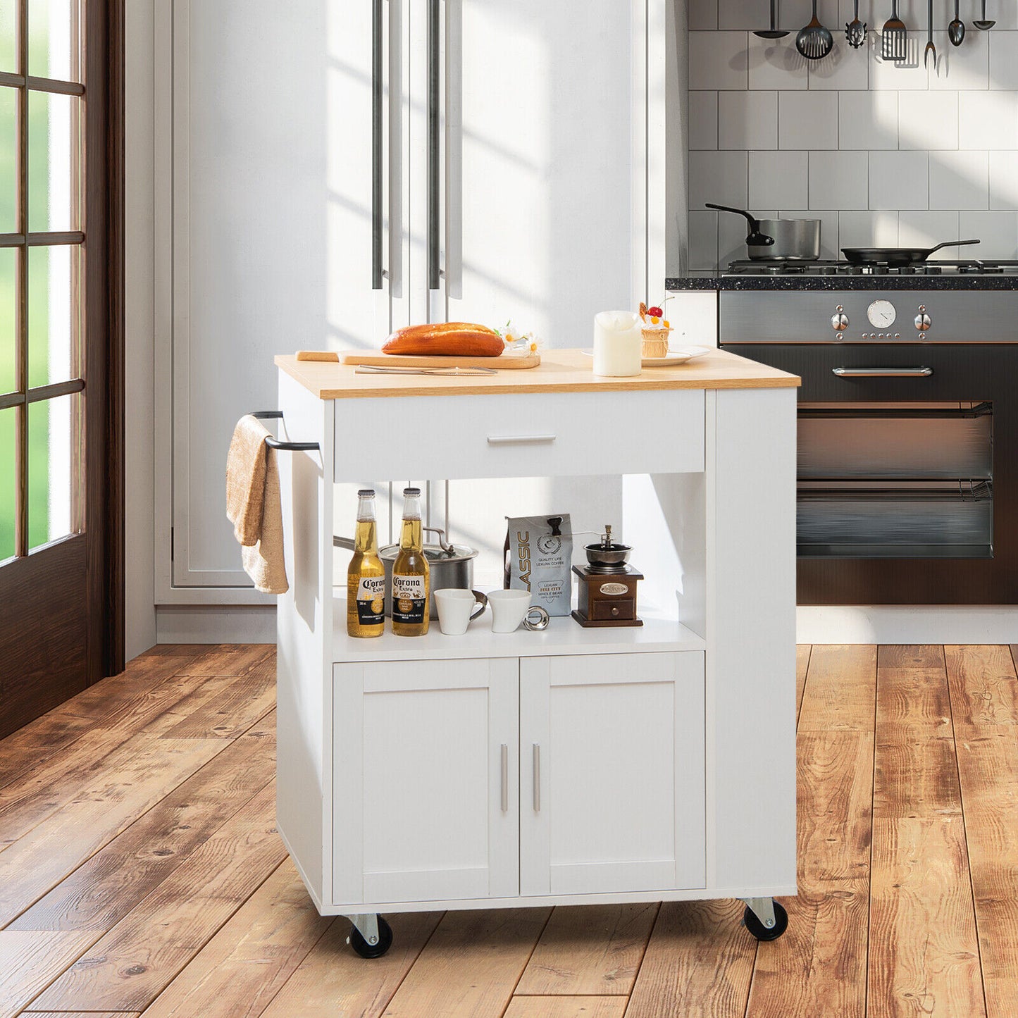 Kitchen Island Cart Rolling Storage Cabinet with Drawer and Spice Rack Shelf-White