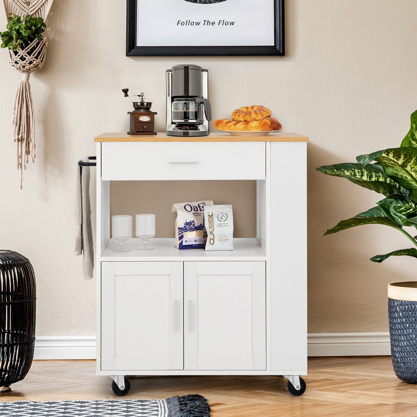 Kitchen Island Cart Rolling Storage Cabinet with Drawer and Spice Rack Shelf-White