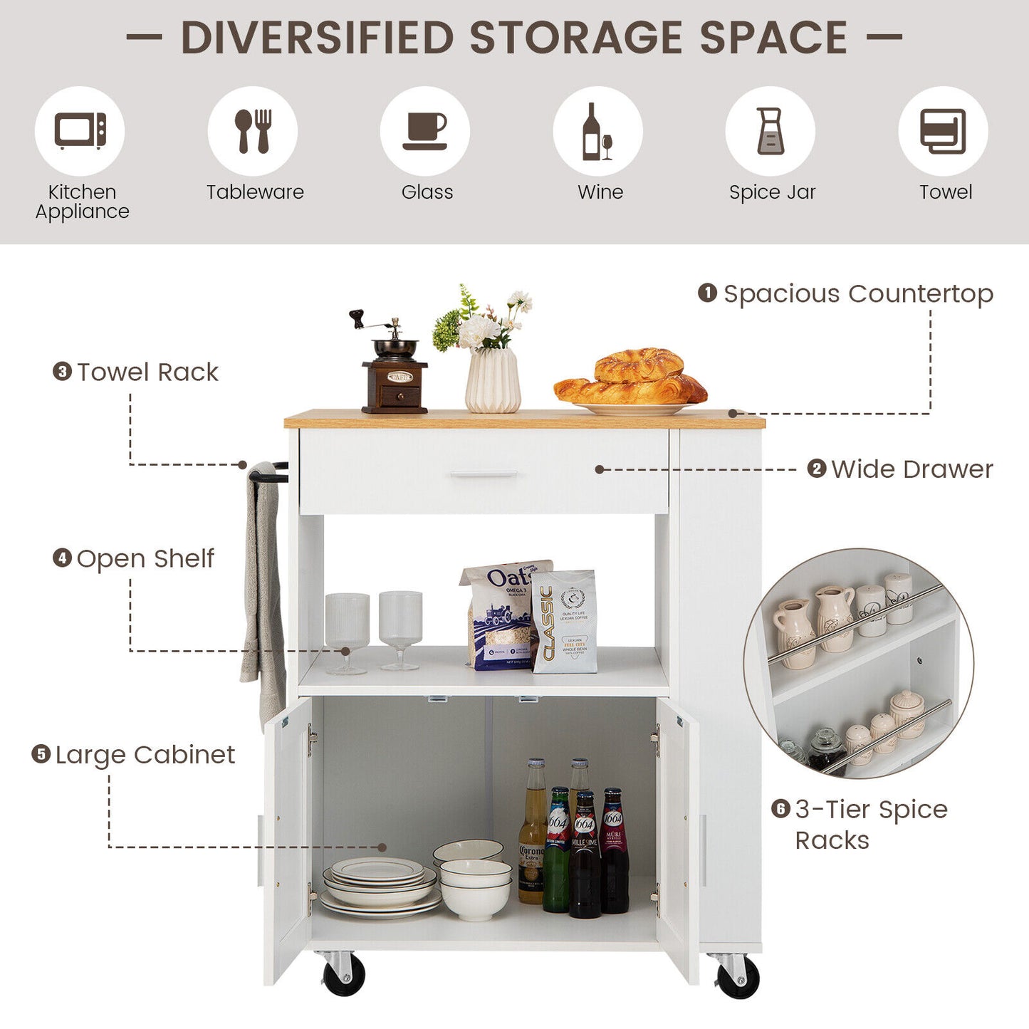 Kitchen Island Cart Rolling Storage Cabinet with Drawer and Spice Rack Shelf-White
