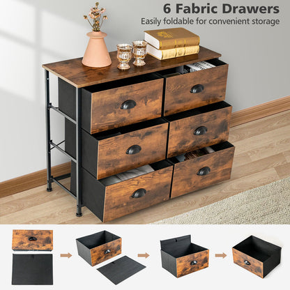 6 Fabric Drawer Storage Chest with Wooden Top-Rustic Brown