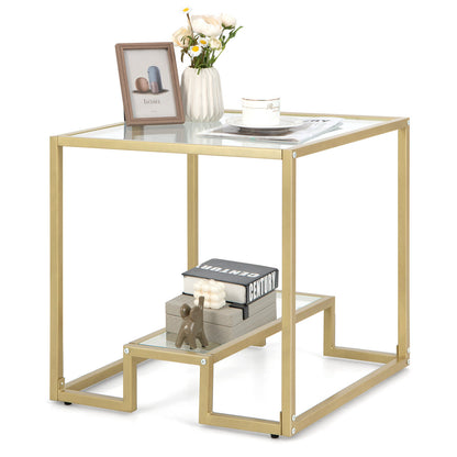 22 Inch 2-Tier Square Sofa Side Table with Tempered Glass Tabletop-Bronze