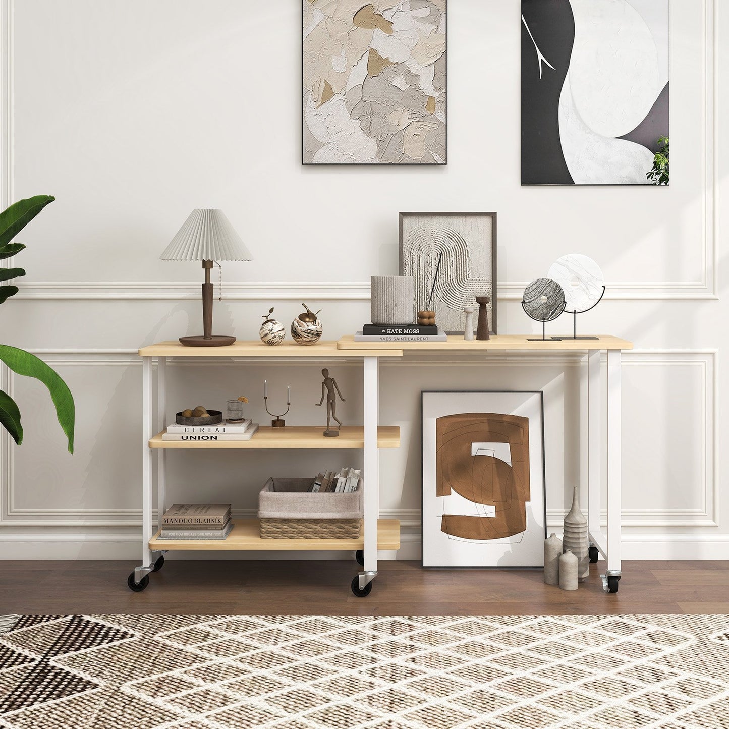 360° Rotating Sofa Side Table with Storage Shelves and Wheels-Brown