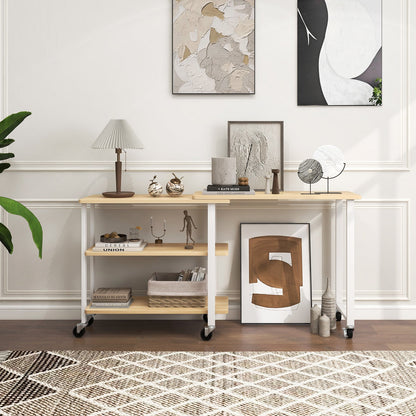 360° Rotating Sofa Side Table with Storage Shelves and Wheels-Brown