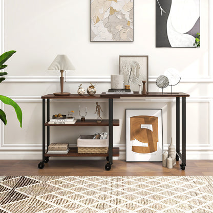 360° Rotating Sofa Side Table with Storage Shelves and Wheels-Walnut