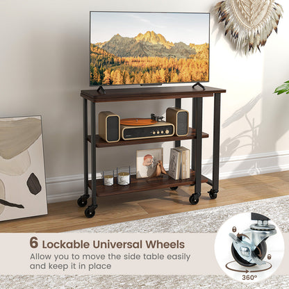 360° Rotating Sofa Side Table with Storage Shelves and Wheels-Walnut