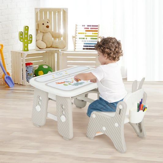 Kids Table and Chair Set with Flip-Top Bookshelf-Gray