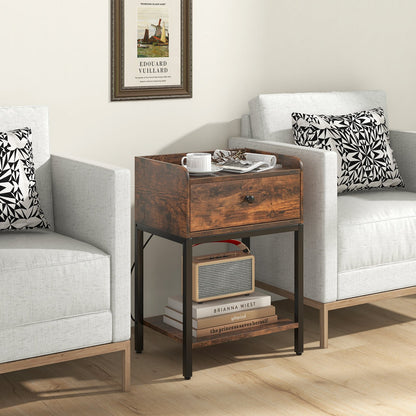 Rustic brown industrial bedside table with charging station, featuring metal legs and a wooden top for bedroom furniture.