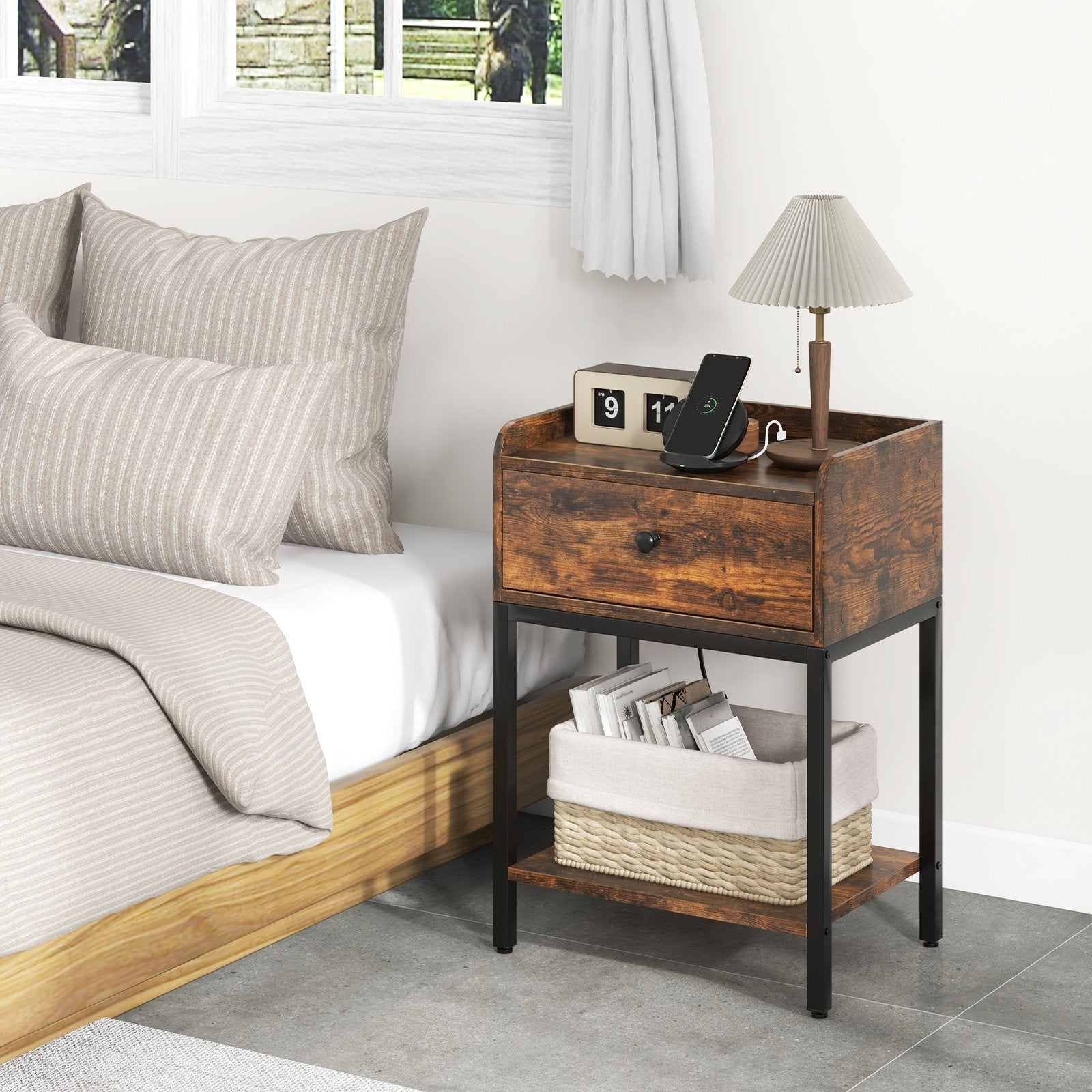 Rustic brown industrial bedside table with charging station, featuring a sturdy design and storage drawer, for bedroom furniture.