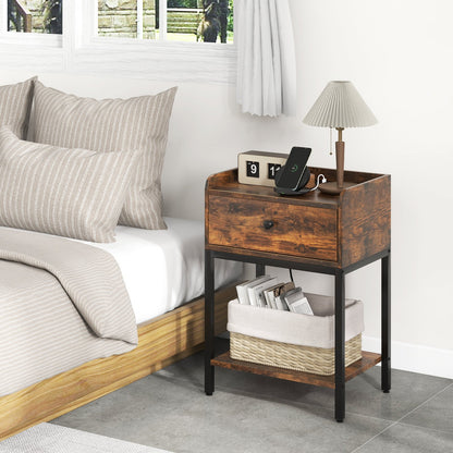 Rustic brown industrial bedside table with charging station, featuring a sturdy design and storage drawer, for bedroom furniture.