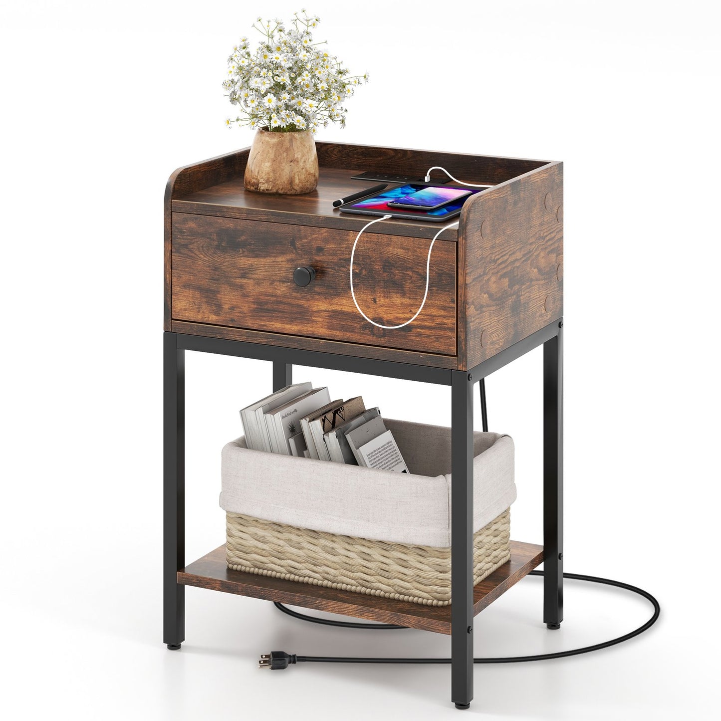 Rustic brown industrial bedside table with charging station, wooden finish, and metal accents, designed for modern bedroom decor.