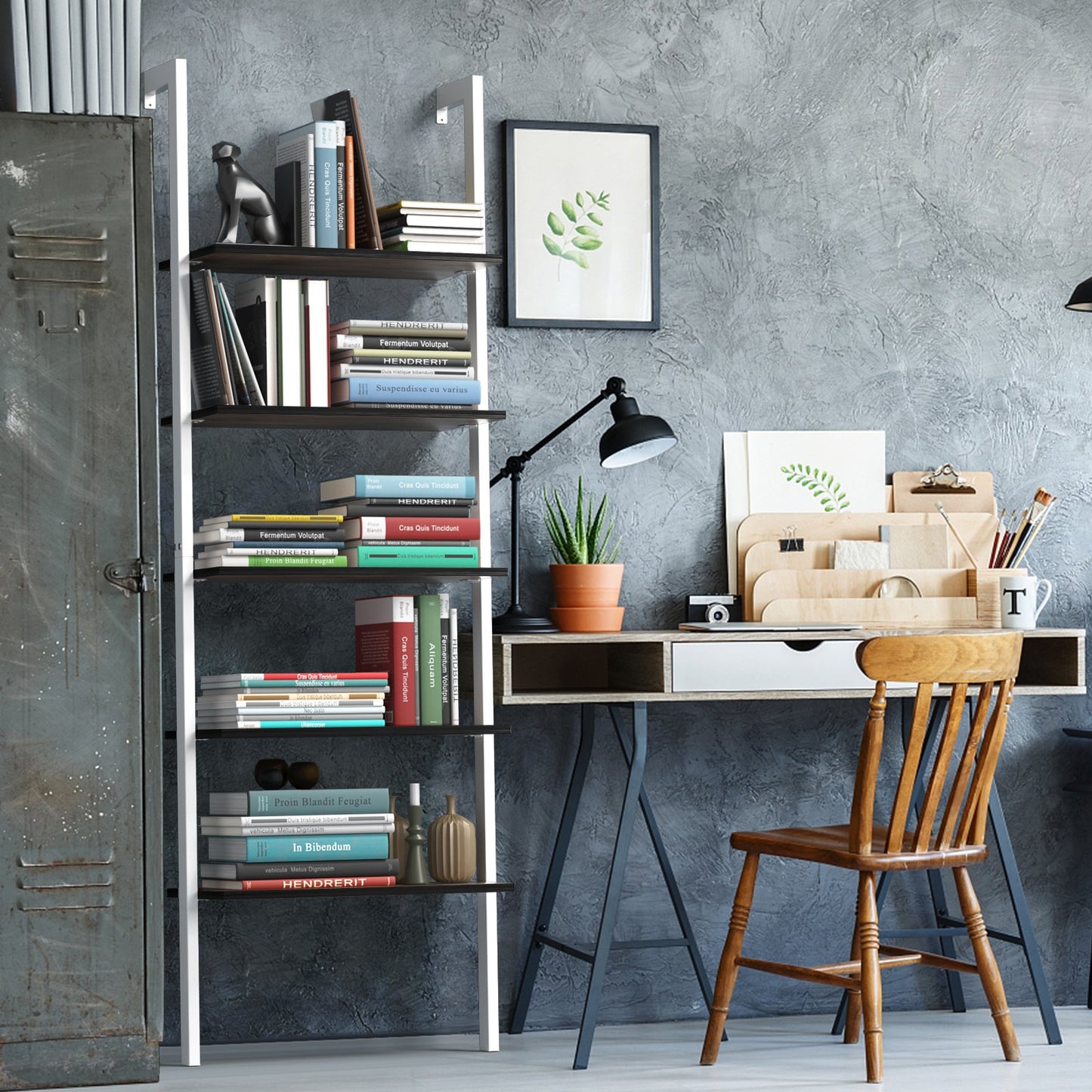 5-Tier Wood Look Ladder Shelf with Metal Frame for Home-Bronze