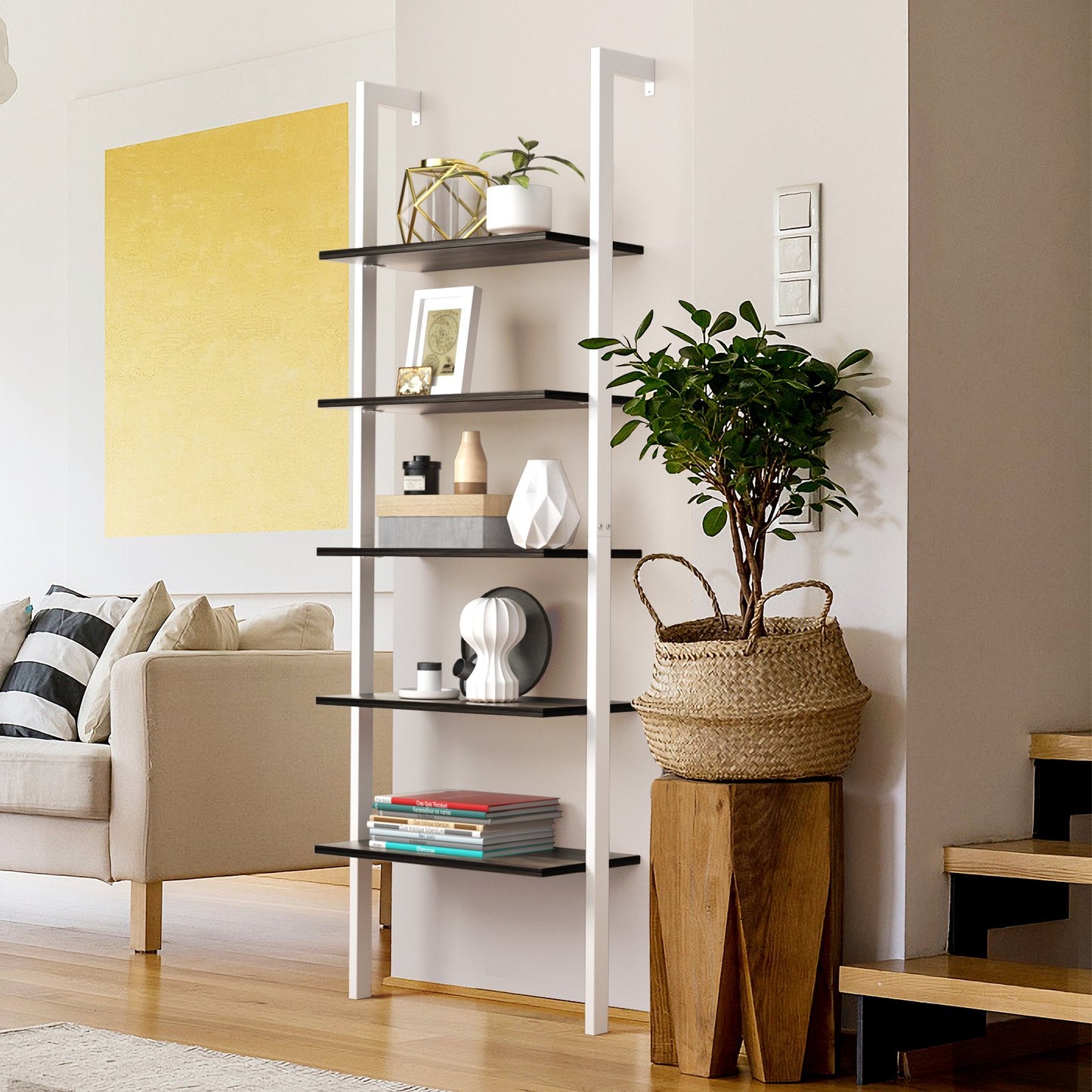 5-Tier Wood Look Ladder Shelf with Metal Frame for Home-Bronze