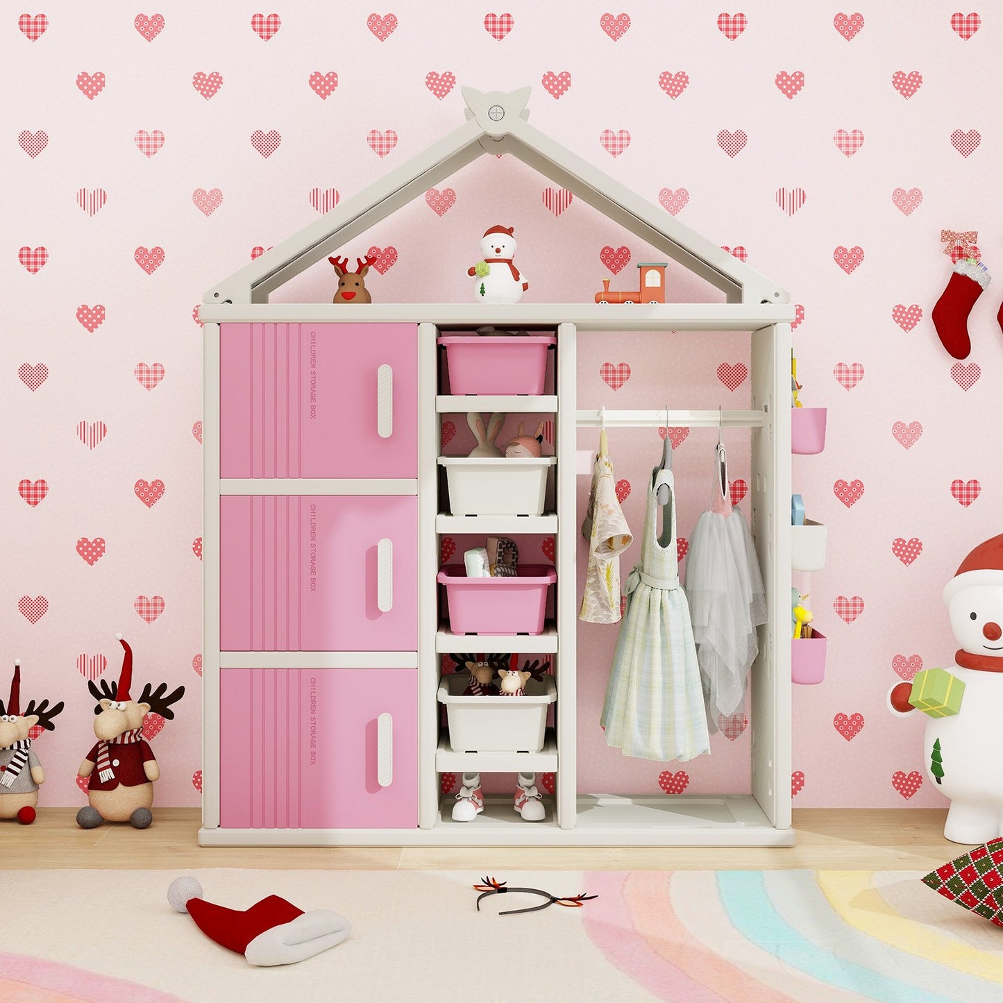 Kids Costume Storage Closet with Storage Bins and Shelves and Side Baskets for Kids Room-Gray