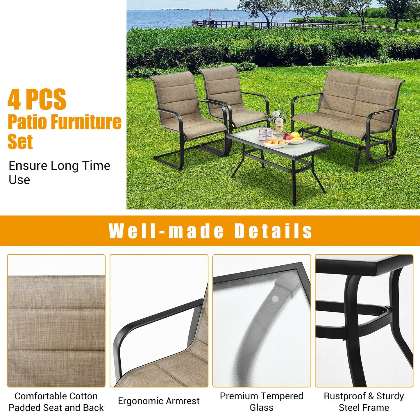 4 Pieces Outdoor Patio Furniture Set with Padded Glider Loveseat and Coffee Table-Brown