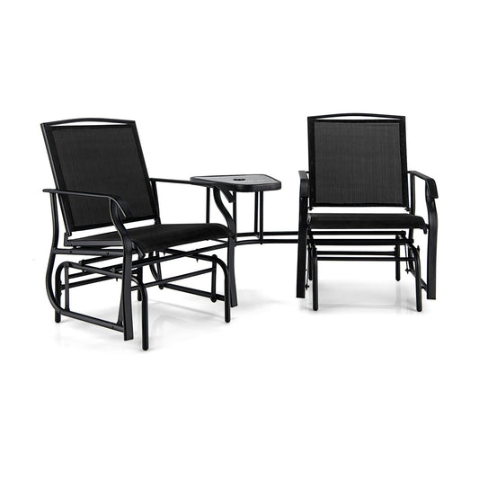 Double Swing Glider Rocker Chair set with Glass Table-Black