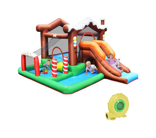 Colorful outdoor and indoor inflatable kids bounce house with 480W air blower, featuring vibrant designs for outdoor play.