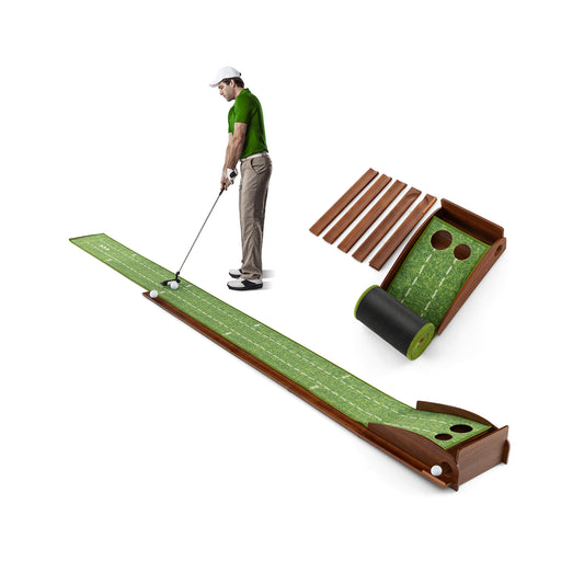Wilson's golf putting mat with auto ball return, featuring two hole sizes for golf practice and training.