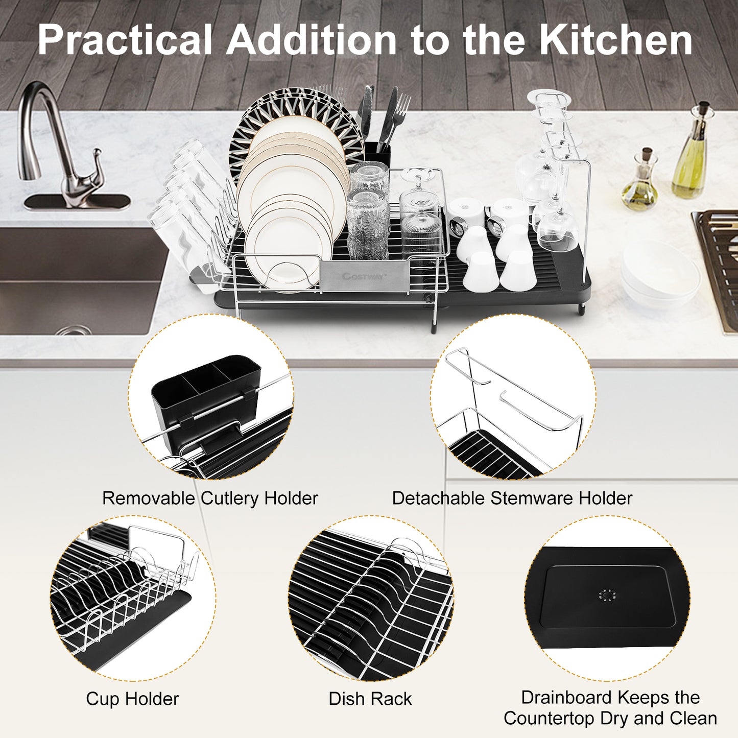 Stainless Steel Expandable Dish Rack with Drainboard and Swivel Spout