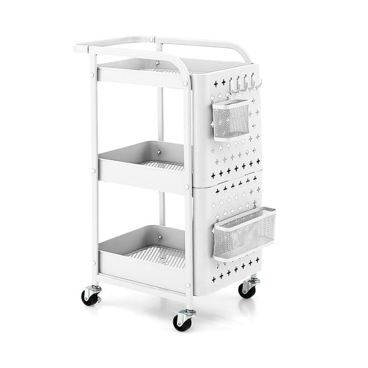 3-Tier Utility Storage Cart with DIY Pegboard Baskets-White