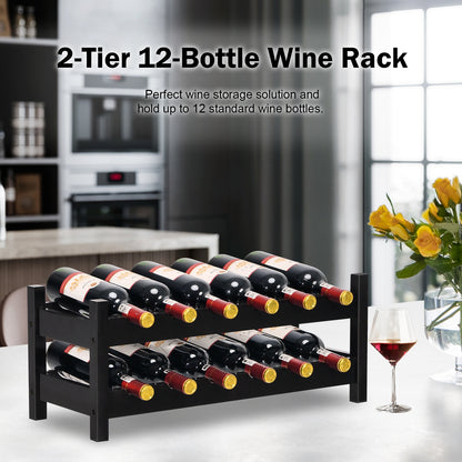 12 Bottles 2-Tier Bamboo Storage Shelf Wine Rack-Brown