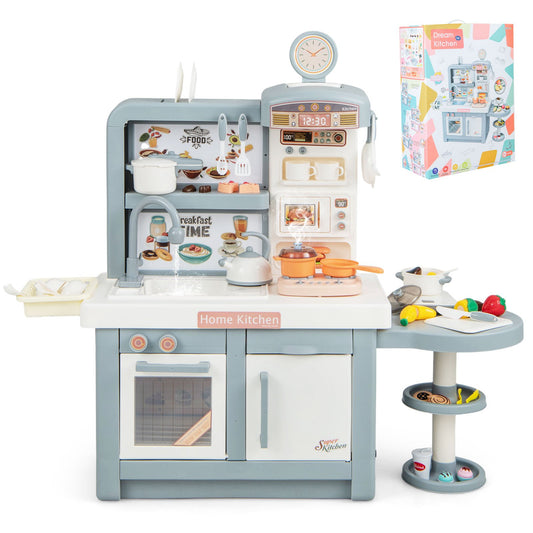 Gray kids pretend play kitchen set with stove, sink, oven, and light and sound features, perfect for imaginative play.
