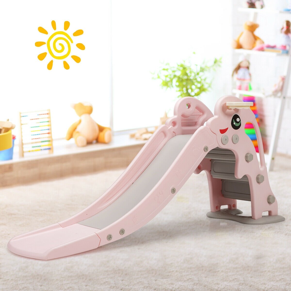 3-in-1 Kids Climber Slide Play Set  with Basketball Hoop and Ball-Green