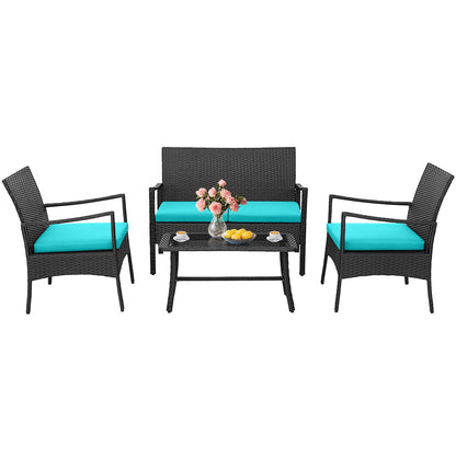 4 Pieces Outdoor Rattan Conversation Set with Tempered Glass Coffee Table-Navy