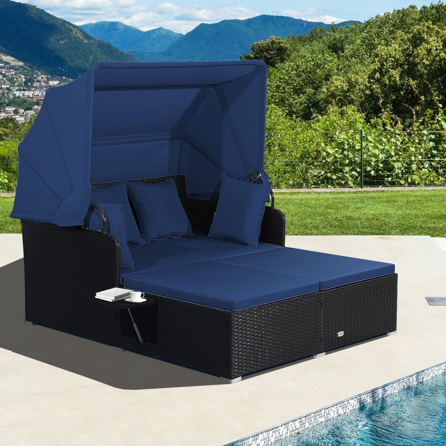 Patio Rattan Daybed with Retractable Canopy and Side Tables-Beige