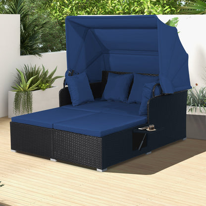 Patio Rattan Daybed with Retractable Canopy and Side Tables-Beige