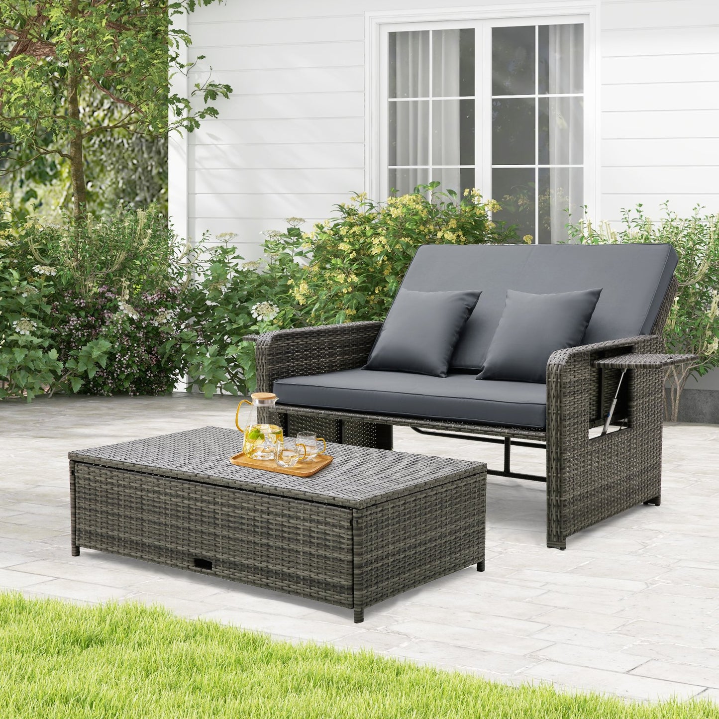 Patio Wicker Loveseat Sofa with Multipurpose Ottoman and Retractable Side Tray-Beige