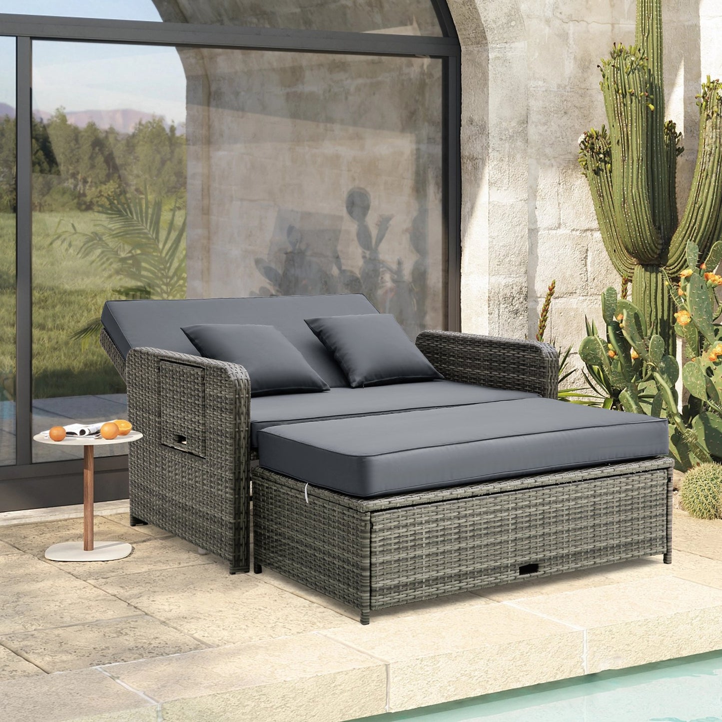 Patio Wicker Loveseat Sofa with Multipurpose Ottoman and Retractable Side Tray-Beige