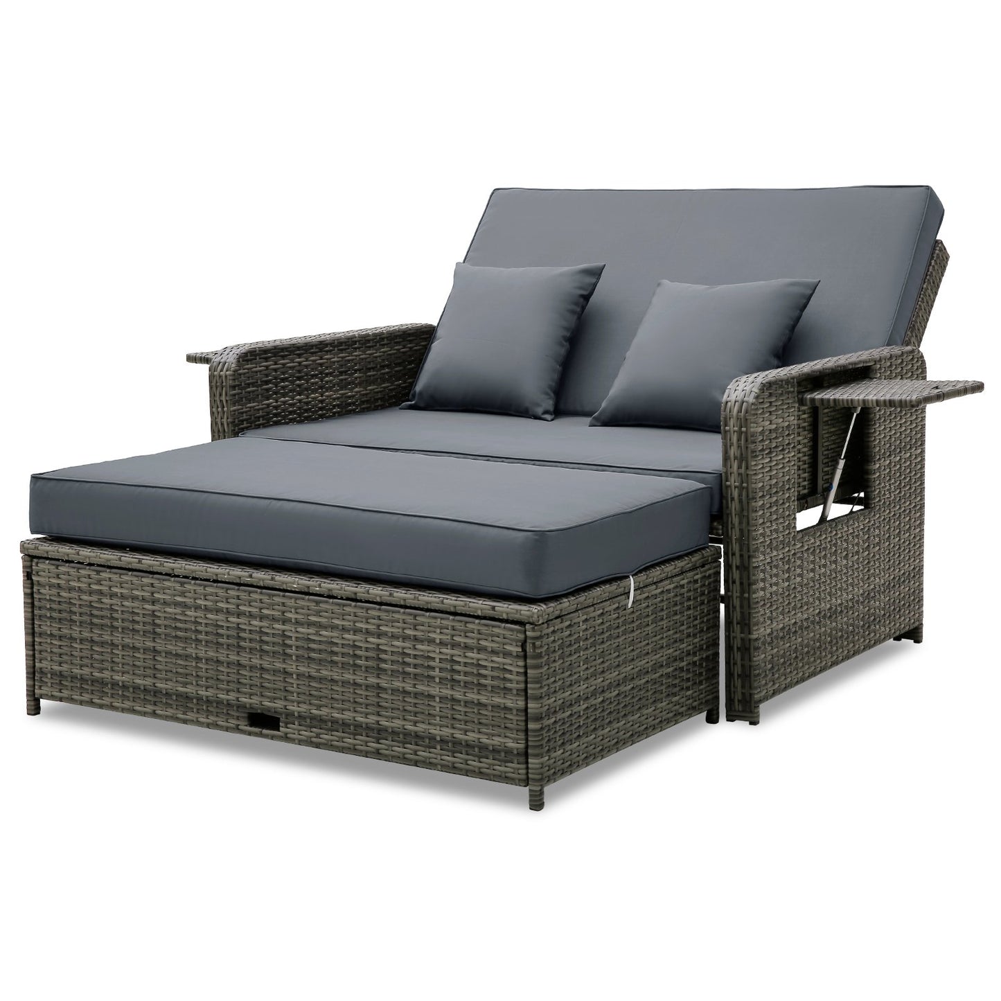 Patio Wicker Loveseat Sofa with Multipurpose Ottoman and Retractable Side Tray-Beige