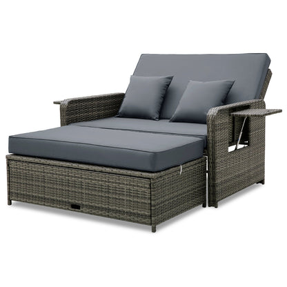 Patio Wicker Loveseat Sofa with Multipurpose Ottoman and Retractable Side Tray-Beige