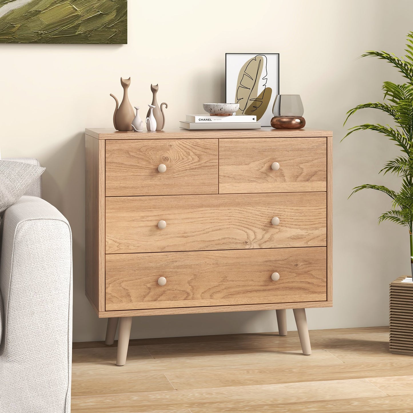 4-Drawer Dresser Cabinet Storage Organizer Rubber Leg with Rail-Walnut