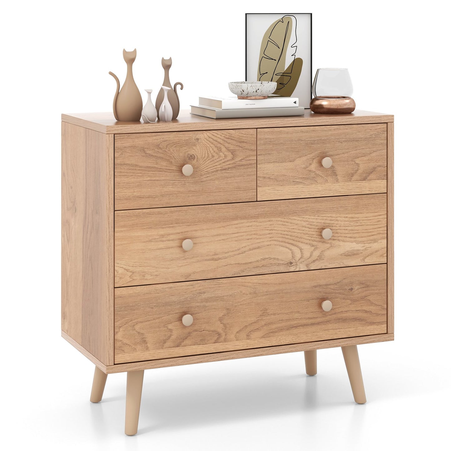 4-Drawer Dresser Cabinet Storage Organizer Rubber Leg with Rail-Walnut