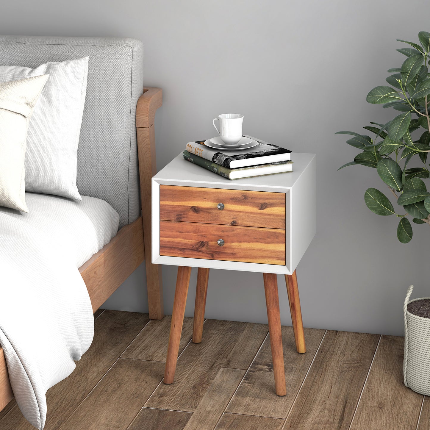 Mid-Century Wooden Multipurpose End Table with 2 Storage Drawers-Black