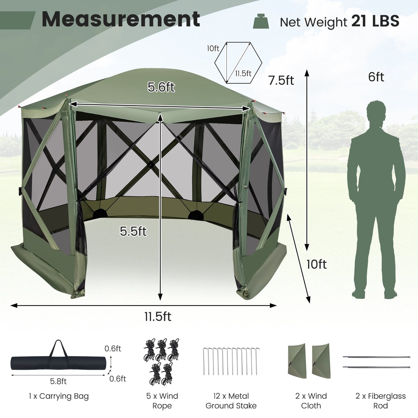 11.5 X 11.5 FT Pop-up Screen House Tent with Portable Carrying Bag-Coffee