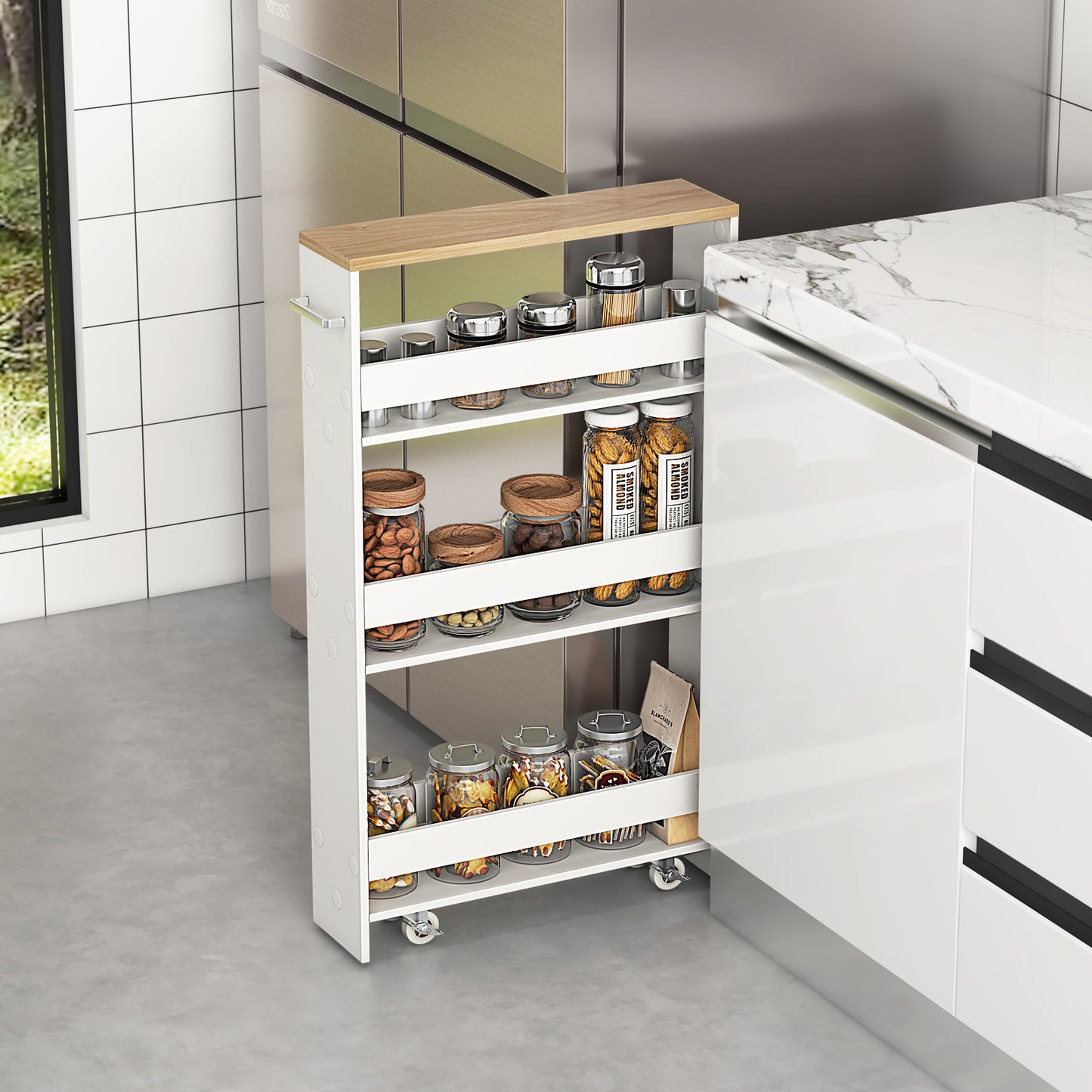 Rolling Kitchen Slim Storage Cart Mobile Shelving Organizer with Handle-White